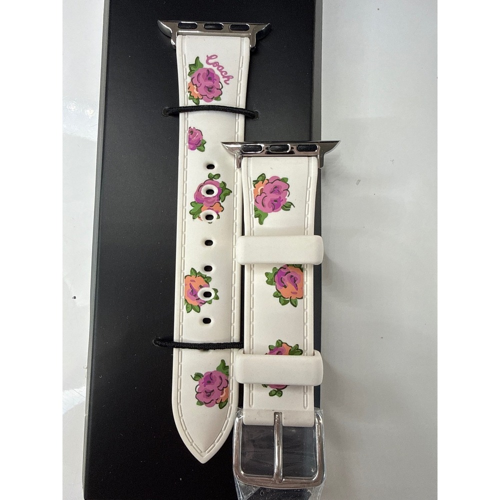 Coach Apple Watch Band 38/40/41mm White Floral Silicone Strap Silver Buckle New